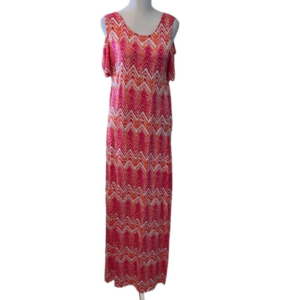 design history szS hot pink/orange/white cold shoulder SS maxi dress worn 2x EUC
